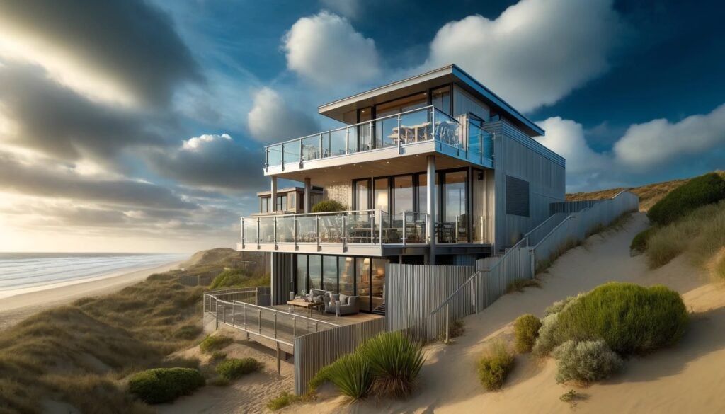 a house with a fence and sand dunes