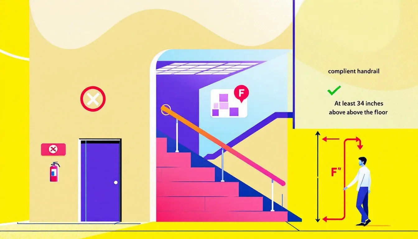 A visual representation of building code requirements for fire safety related to railings.