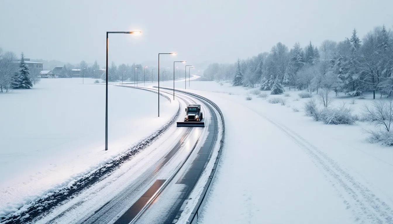 A snow-covered path being cleared for winter maintenance.