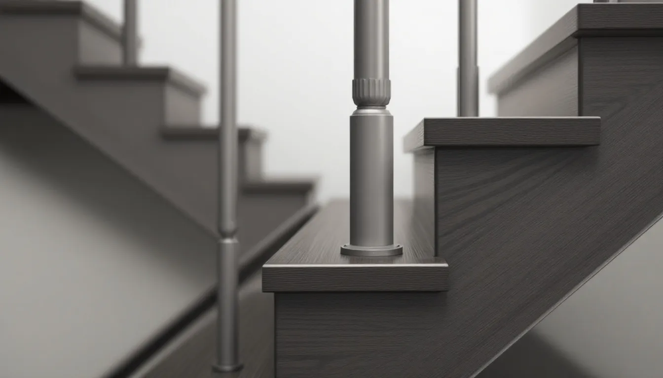 A close-up view of durable wood stair treads and stair balusters that provide safety and elegance.