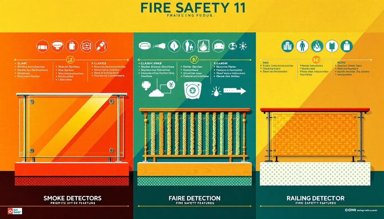 A comparison of different railing designs emphasizing fire safety features.