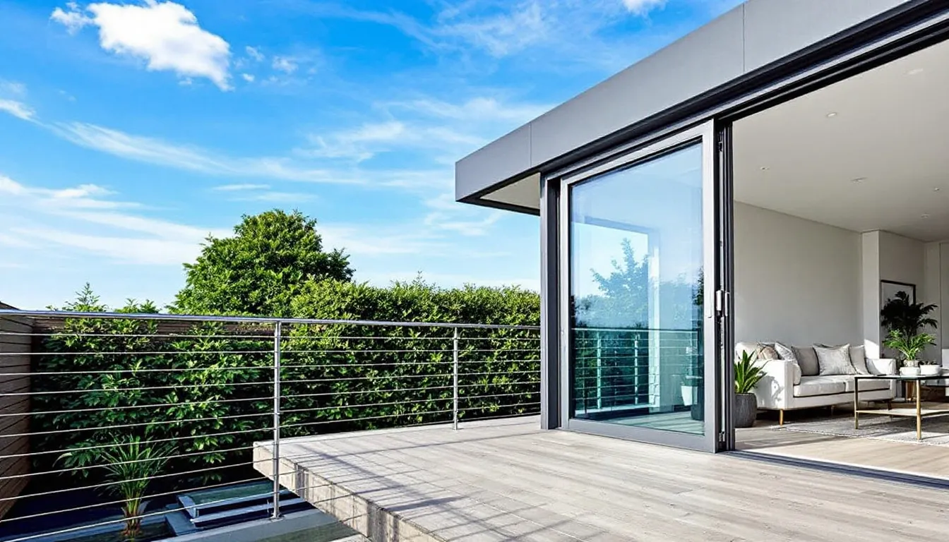 A modern cable railing system installed on a contemporary deck.