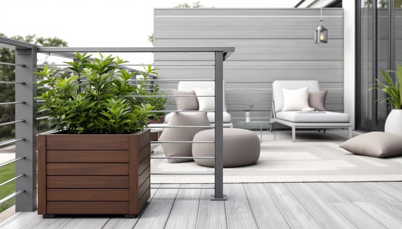 A variety of essential deck railing accessories displayed on a wooden deck.