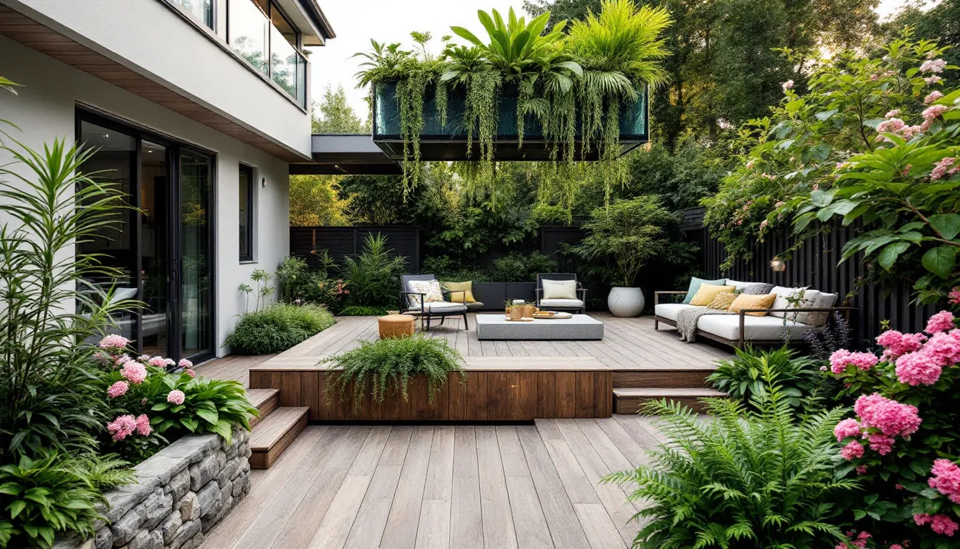 A vibrant outdoor space featuring planters and greenery surrounding a deck.