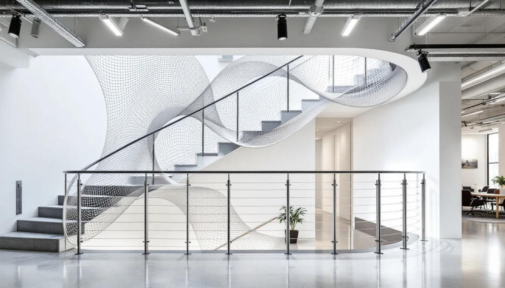 A modern metal railing design in a commercial space.
