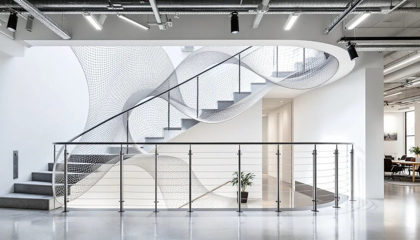A modern metal railing design in a commercial space.