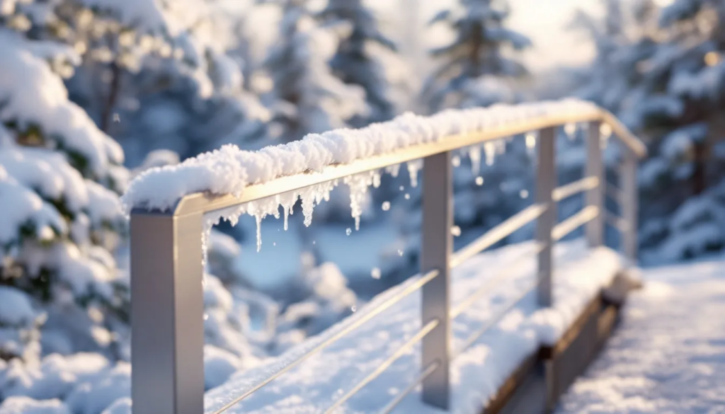 An aluminum railing in a snowy environment showing its durability against snow and ice.