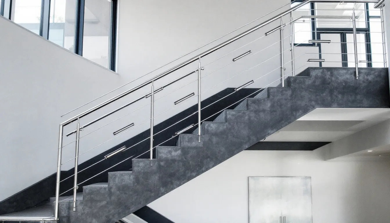 Horizontal railings enhancing the aesthetic of a commercial staircase.