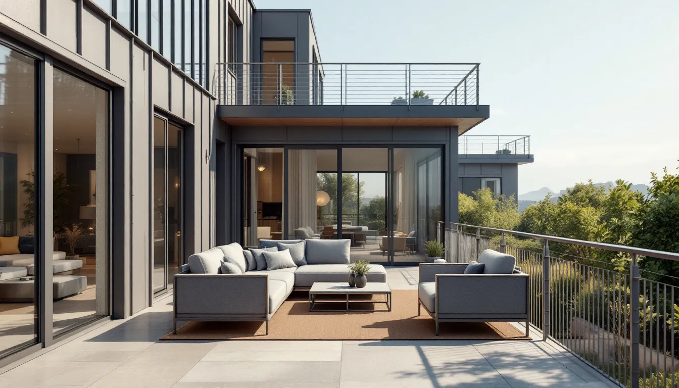 A modern outdoor space featuring aluminum railings.