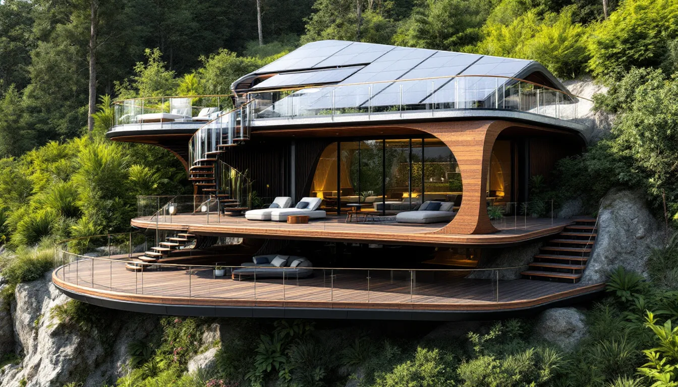 A beautiful multi level deck surrounded by greenery.