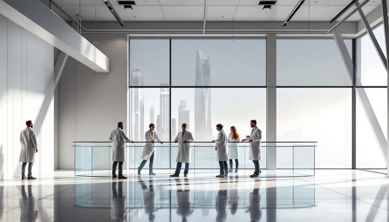 An installation environment showing a team working on a railing system.