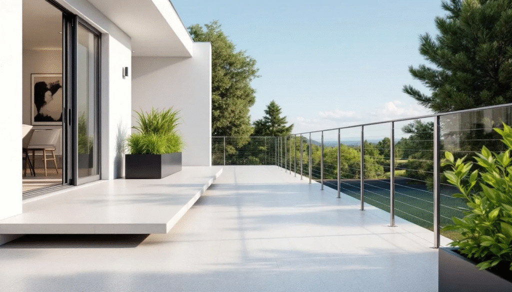 A beautiful outdoor deck featuring aluminum railings.
