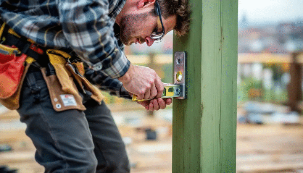 A professional railing installer working on a deck railing installation.
