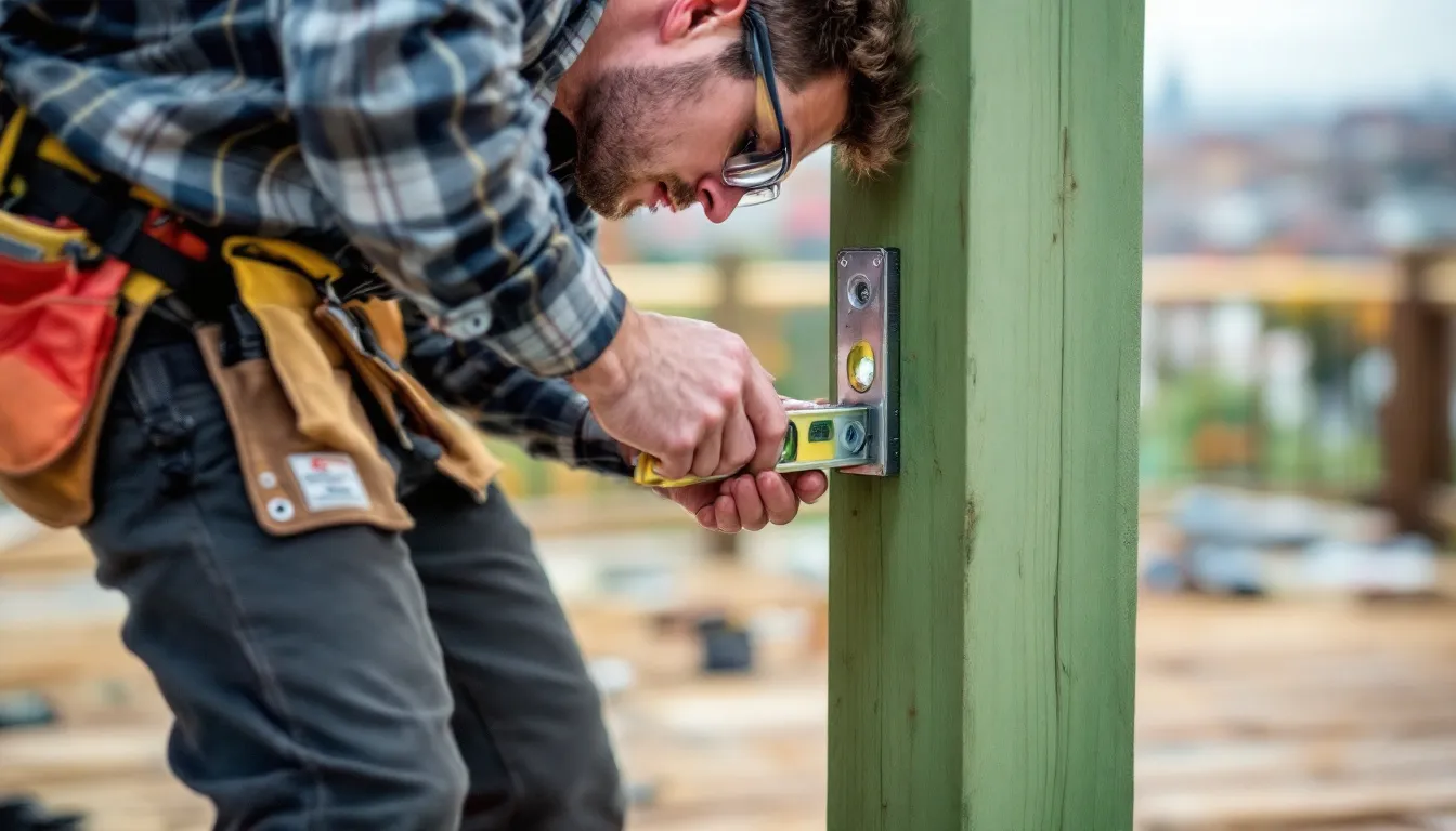 A professional railing installer working on a deck railing installation.