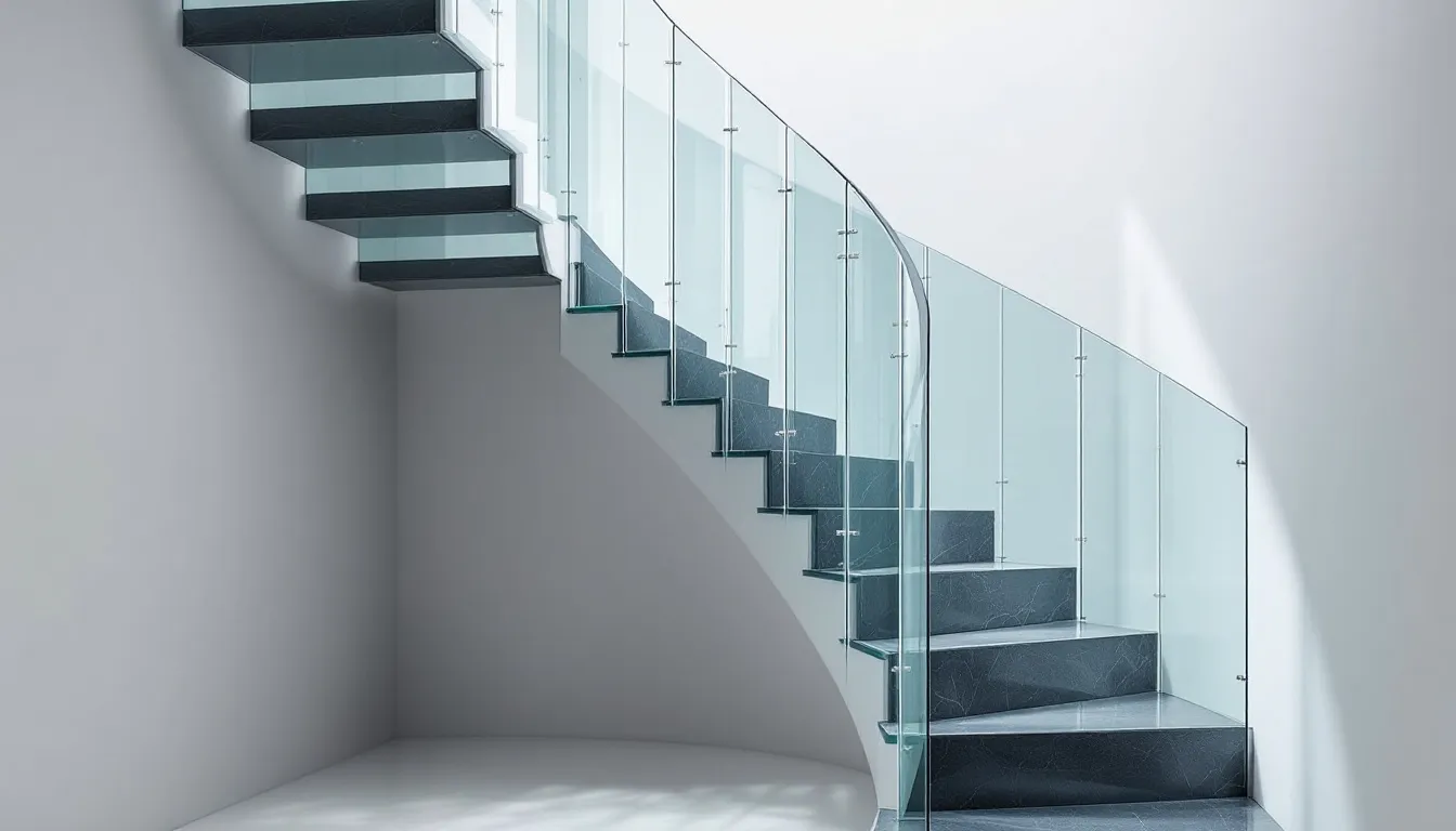 Glass railings providing an airy feel in a staircase.