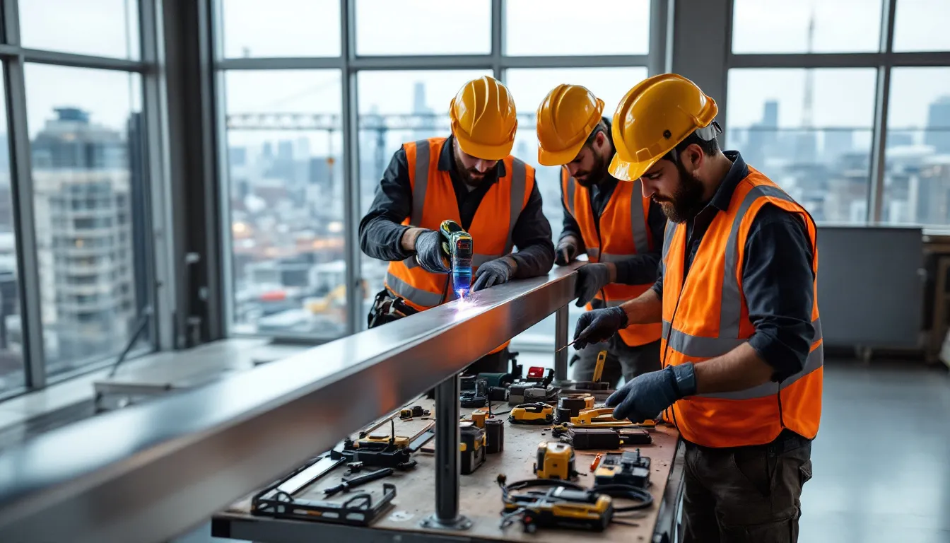 The installation process of a railing system, showcasing tools and professionals at work.