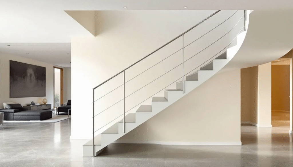 A modern staircase with sleek metal railings and a stylish design.