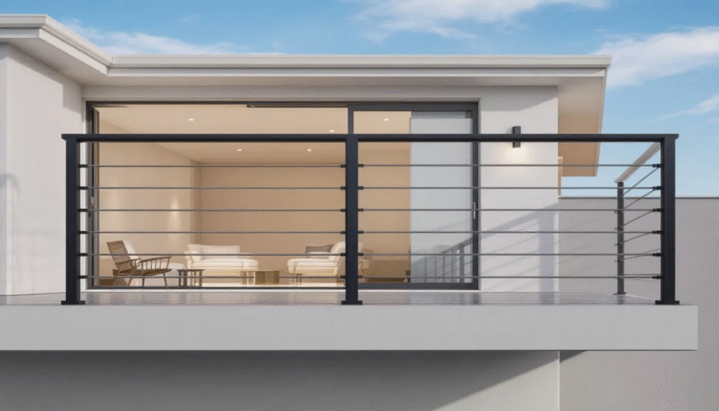 A modern aluminum railing system on a deck.