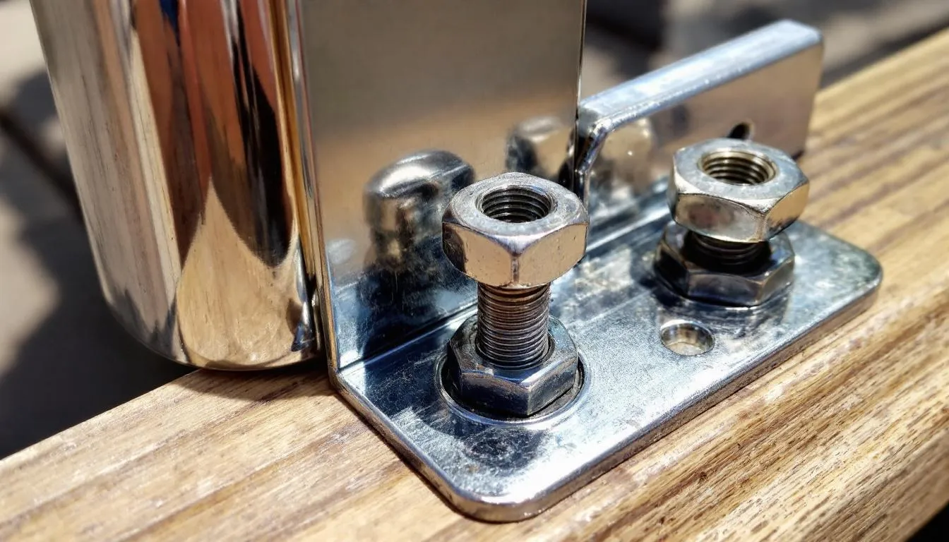 A close-up view of metal deck railing hardware and connection brackets, showcasing the detailed components that ensure safety and stability for deck railings. This image highlights the importance of adhering to local building codes and international residential code requirements for secure deck design and construction.