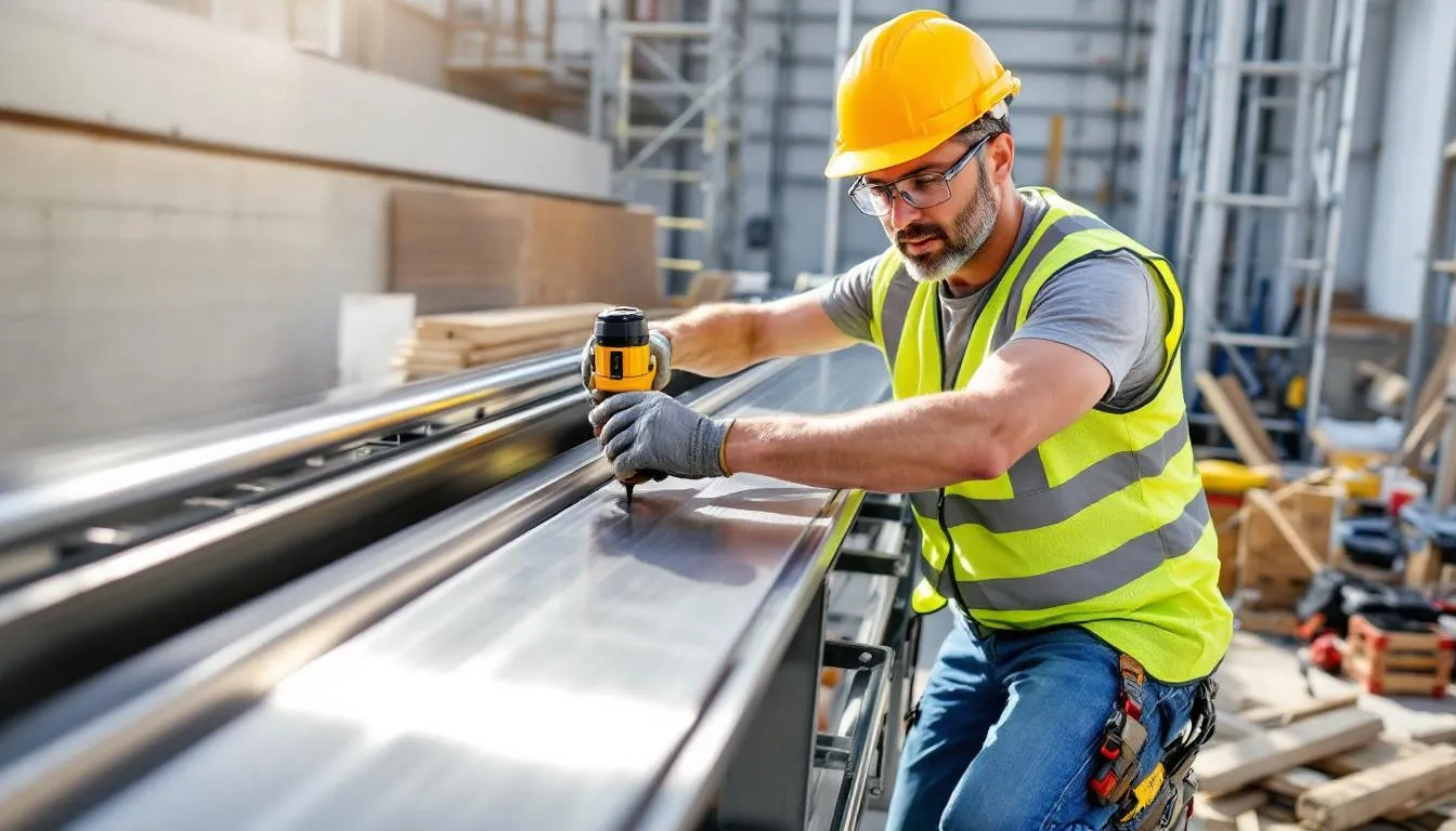 A construction worker is installing pre-assembled aluminum railing panels, showcasing a modern design that emphasizes minimal maintenance and durability. The aluminum railings provide an unobstructed view, making them a popular choice for contemporary balcony and deck projects.