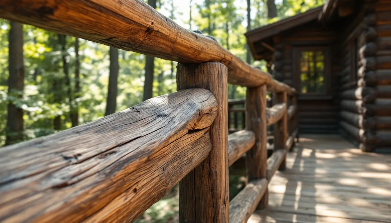 A traditional wooden deck railing surrounds a rustic cabin, showcasing the natural grain of the wood and its aesthetic appeal. This classic design offers a warm and inviting look, contrasting with modern railing materials like glass or stainless steel cable railings.