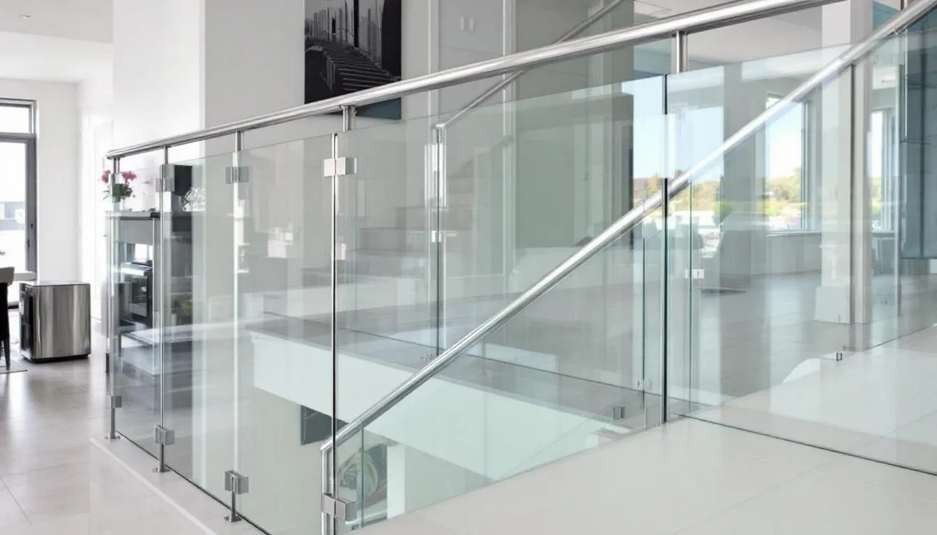 A modern home showcases sleek aluminum railings complemented by transparent glass panels, creating an unobstructed view while emphasizing a minimalist design. The combination of these railing materials not only enhances the aesthetic appeal but also offers a low maintenance option for homeowners.