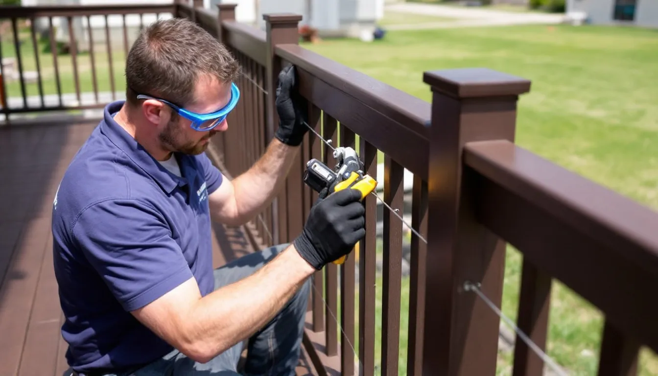 A professional installer is shown tensioning a modern cable railing system on a deck, ensuring durability and safety while providing unobstructed views. The sleek stainless steel cables are being secured to support posts, highlighting the low maintenance and functional design of the railing system.