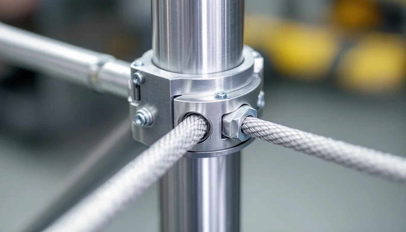 The image features a close-up view of a stainless steel cable connection to an aluminum post, showcasing the sleek design typical of modern cable railing systems. This detail emphasizes the durability and low maintenance of materials used in outdoor deck railings, providing unobstructed views while ensuring safety and functionality.