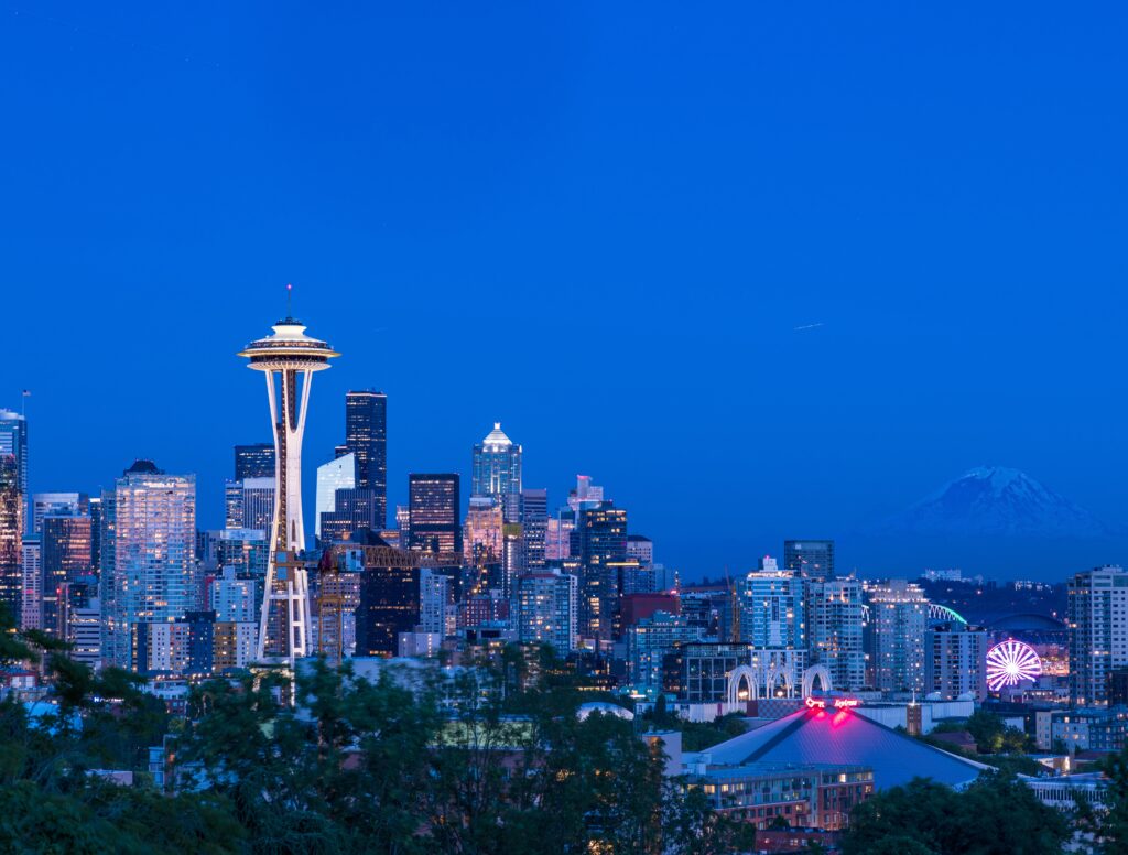 beautiful view city seattle usa with colorful lighted buildings dusk