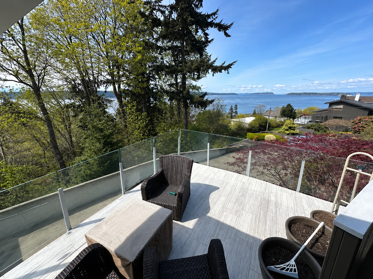 Mukilteo waterfront deck view with glass railing